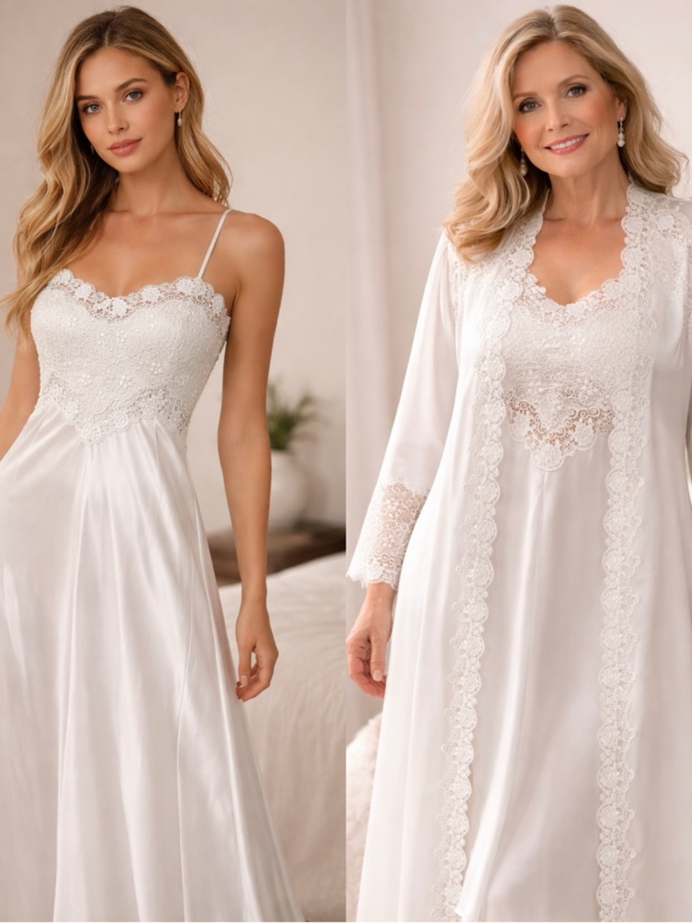Lace Bodice Satin Nightgown with Robe - White